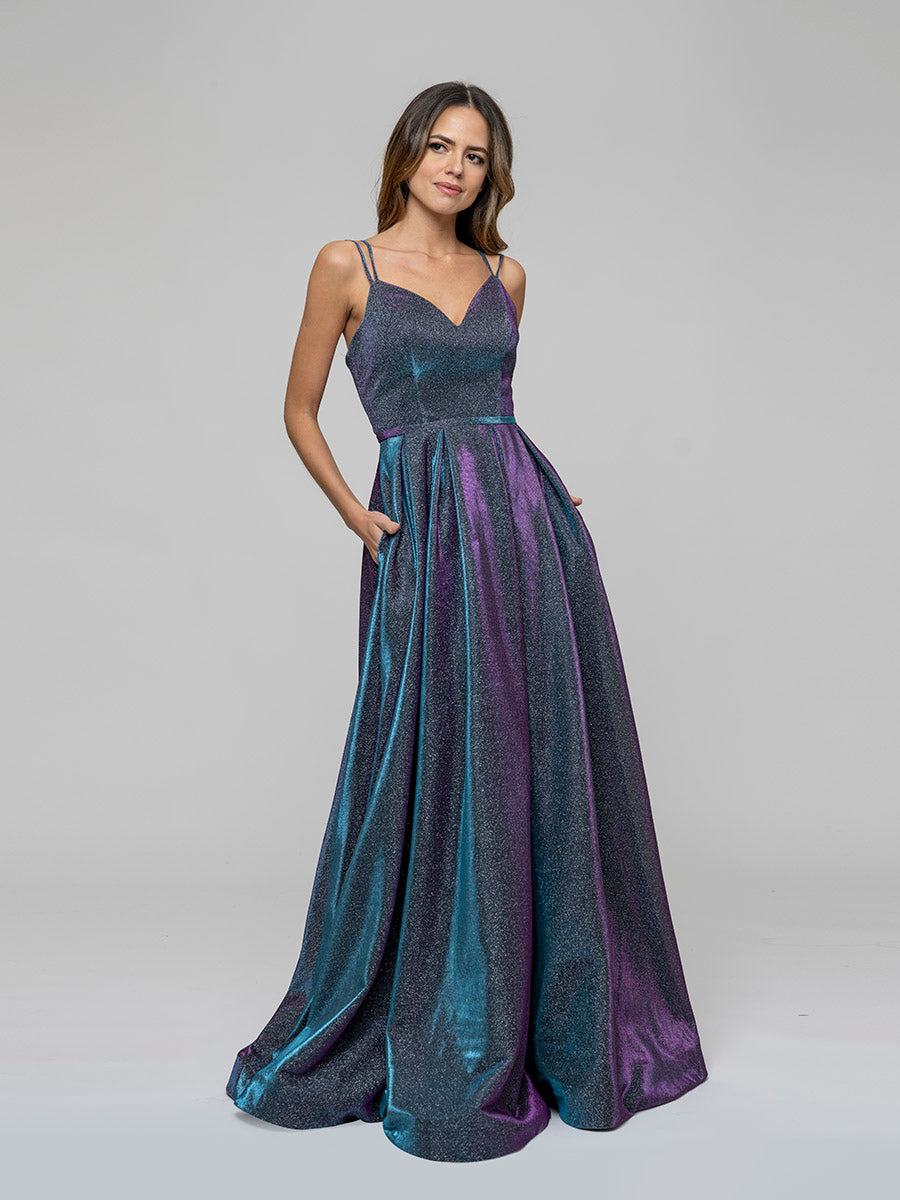 Long Off-the-Shoulder Metallic A-Line Prom Dress